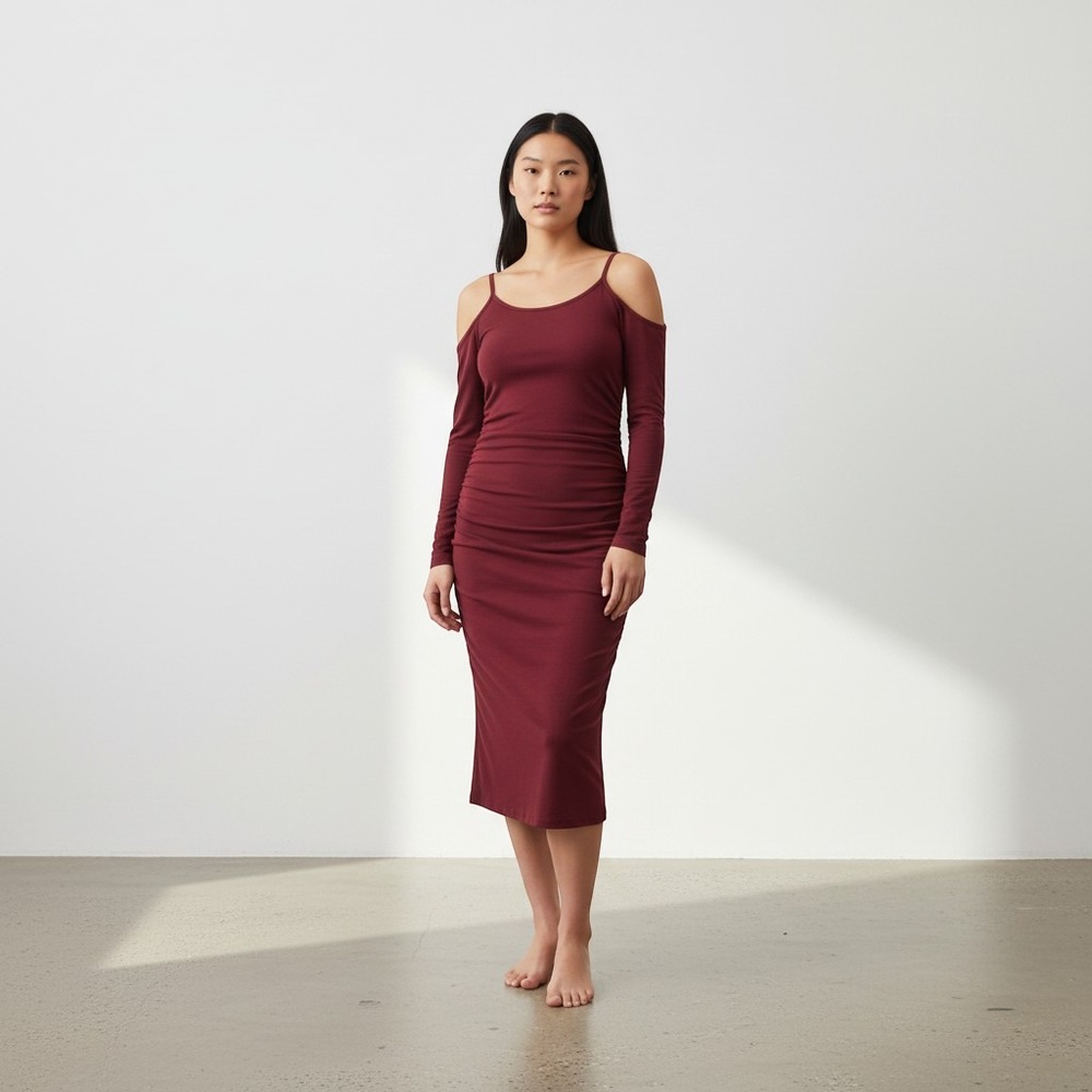 Cinnamon Girl Burgundy Cold Shoulder Ruched Midi Dress Long Sleeve Size M